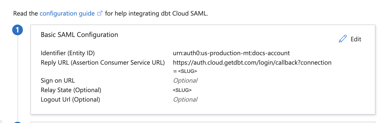 Completed configuration of the SAML fields in Entra ID